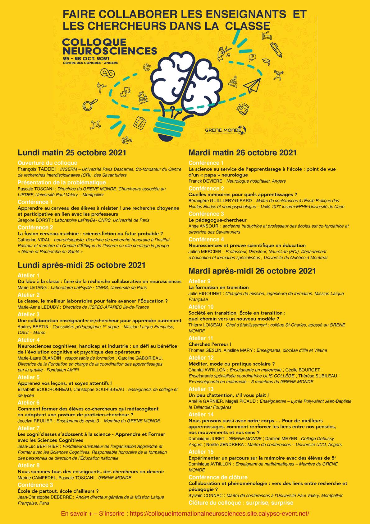 Colloque Neurosciences - Lundi 25 et Mardi 26 Octobre 2021